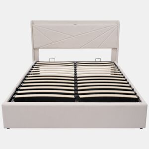 Cama contentora em tecido de linho 140x200 cm - com porta USB e estrado - Bege