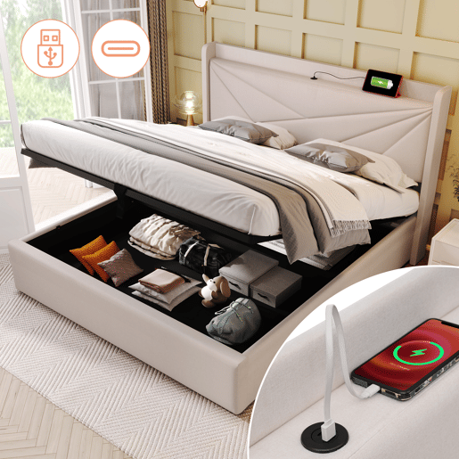 Cama contentora em tecido de linho 140x200 cm - com porta USB e estrado - Bege