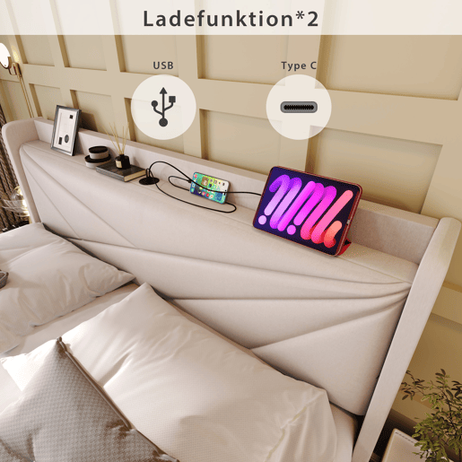 Cama contentora em tecido de linho 140x200 cm - com porta USB e estrado - Bege