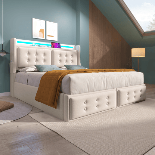 Cama de arrumação em tecido de linho 160x200 cm - com LED e portas de carregamento - Bege