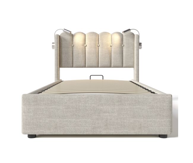 Cama contenedor tapizada con led y puertos de carga usb - 90x200 cm - tela de lino - con somier de láminas - beige