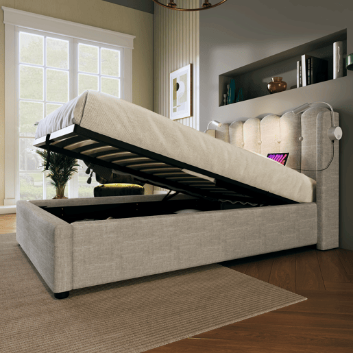 Cama contentora estofada com LED e portas de carregamento USB - 90x200 cm - tecido de linho - com estrado de ripas - Bege Cama contentora estofada com LED e portas de carregamento USB - 90x200 cm - tecido de linho - com estrado de ripas - Bege