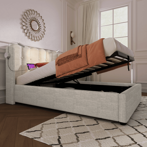 Cama contentora estofada com LED e portas de carregamento USB - 90x200 cm - tecido de linho - com estrado de ripas - Bege Cama contentora estofada com LED e portas de carregamento USB - 90x200 cm - tecido de linho - com estrado de ripas - Bege