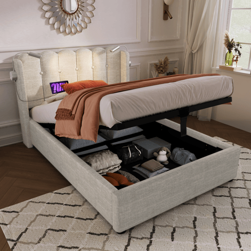 Cama contentora estofada com LED e portas de carregamento USB - 90x200 cm - tecido de linho - com estrado de ripas - Bege Cama contentora estofada com LED e portas de carregamento USB - 90x200 cm - tecido de linho - com estrado de ripas - Bege