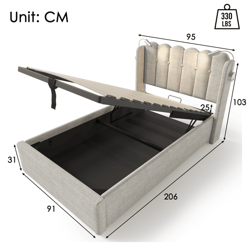 Cama contentora estofada com LED e portas de carregamento USB - 90x200 cm - tecido de linho - com estrado de ripas - Bege Cama contentora estofada com LED e portas de carregamento USB - 90x200 cm - tecido de linho - com estrado de ripas - Bege