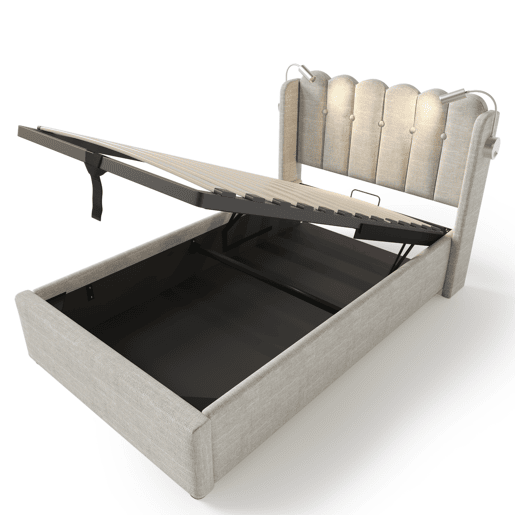 Cama contentora estofada com LED e portas de carregamento USB - 90x200 cm - tecido de linho - com estrado de ripas - Bege Cama contentora estofada com LED e portas de carregamento USB - 90x200 cm - tecido de linho - com estrado de ripas - Bege