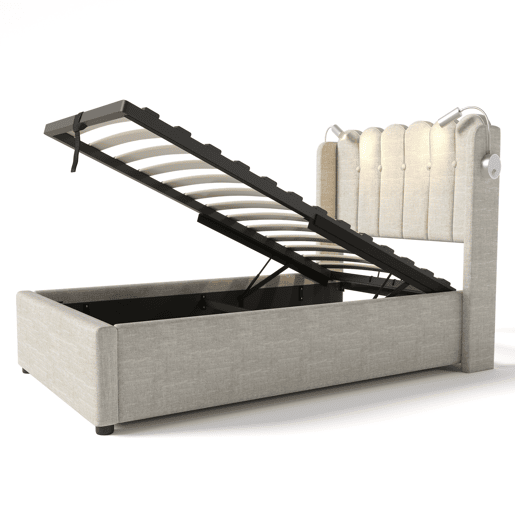 Cama contentora estofada com LED e portas de carregamento USB - 90x200 cm - tecido de linho - com estrado de ripas - Bege Cama contentora estofada com LED e portas de carregamento USB - 90x200 cm - tecido de linho - com estrado de ripas - Bege