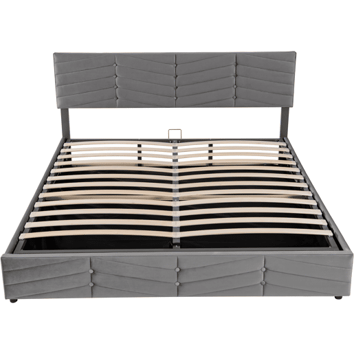 Cama de contentor em veludo com estrado de ripas + cabeceira regulável - 160x200cm - Cinzento