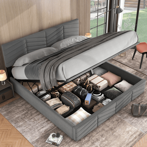 Cama de contentor em veludo com estrado de ripas + cabeceira regulável - 160x200cm - Cinzento