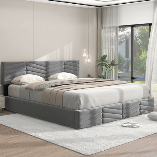 Cama de contentor em veludo com estrado de ripas + cabeceira regulável - 160x200cm - Cinzento