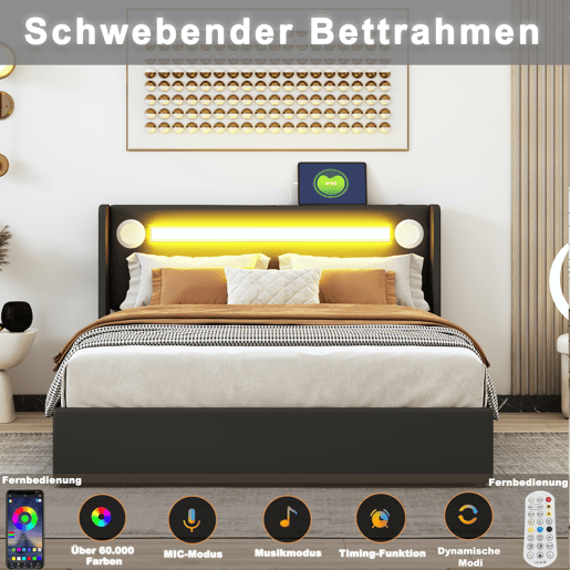 Cama contentora estofada em pele 160x200 cm com LED, leitor Bluetooth e portas de carregamento USB - com estrado de molas - Preto