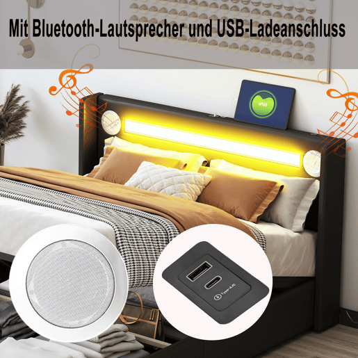 Cama contentora estofada em pele 160x200 cm com LED, leitor Bluetooth e portas de carregamento USB - com estrado de molas - Preto