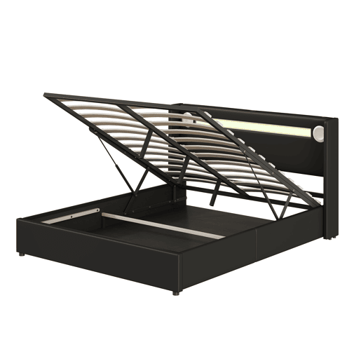 Cama contentora estofada em pele 160x200 cm com LED, leitor Bluetooth e portas de carregamento USB - com estrado de molas - Preto