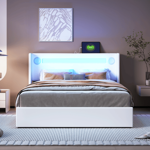 Cama contentora estofada em pele 140x200 cm com LED, leitor Bluetooth e portas de carregamento USB - com estrado - Branco