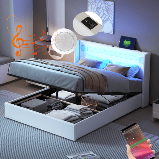 Cama contentora estofada em pele 140x200 cm com LED, leitor Bluetooth e portas de carregamento USB - com estrado - Branco