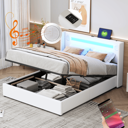Cama contentora estofada em pele 140x200 cm com LED, leitor Bluetooth e portas de carregamento USB - com estrado - Branco