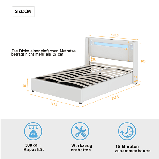 Cama contentora estofada em pele 140x200 cm com LED, leitor Bluetooth e portas de carregamento USB - com estrado - Branco