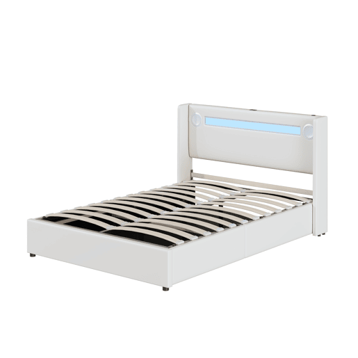 Cama contentora estofada em pele 140x200 cm com LED, leitor Bluetooth e portas de carregamento USB - com estrado - Branco