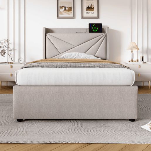 Cama contentora em tecido de linho 90x200 cm - com porta USB e estrado - Bege