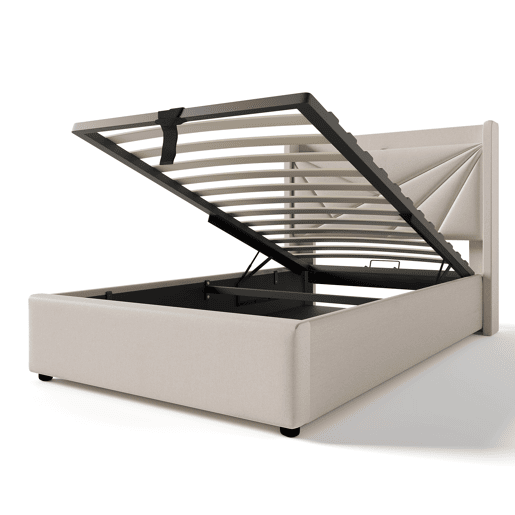 Cama contentora em tecido de linho 90x200 cm - com porta USB e estrado - Bege