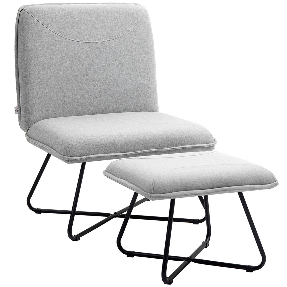 Homcom sillón relax sillón de salón con reposapiés butaca para dormitorio sin brazos con patas de acero en forma de cruz para sala de estar gris claro