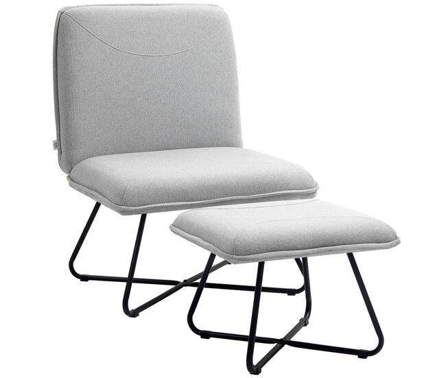 Homcom sillón relax sillón de salón con reposapiés butaca para dormitorio sin brazos con patas de acero en forma de cruz para sala de estar gris claro