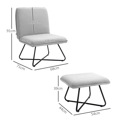 HOMCOM Poltrona Sala de Estar com Apoio para os Pés Poltrona Relax sem Apoio para os Braços com Pés de Aço em Forma de Cruz para Sala de Estar Dormitório Cinza Claro