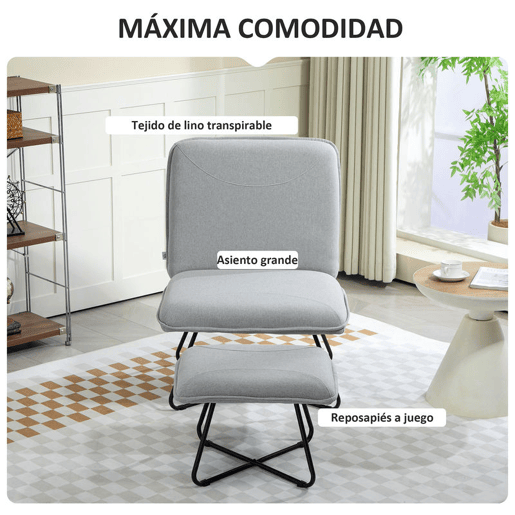 HOMCOM Poltrona Sala de Estar com Apoio para os Pés Poltrona Relax sem Apoio para os Braços com Pés de Aço em Forma de Cruz para Sala de Estar Dormitório Cinza Claro