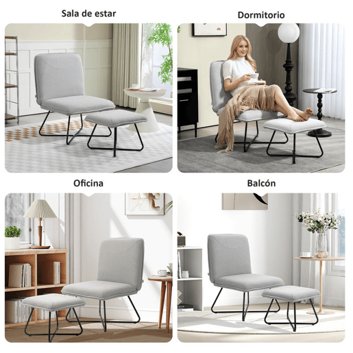 HOMCOM Poltrona Sala de Estar com Apoio para os Pés Poltrona Relax sem Apoio para os Braços com Pés de Aço em Forma de Cruz para Sala de Estar Dormitório Cinza Claro