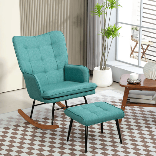 HOMCOM Conjunto de Poltrona Baloiço com Apoio para os Pés Poltrona Relax com Almofada Acolchoada e Anti-Tombo Carga 130 kg Sala de Estar Dormitório 64x89x90 cm Verde