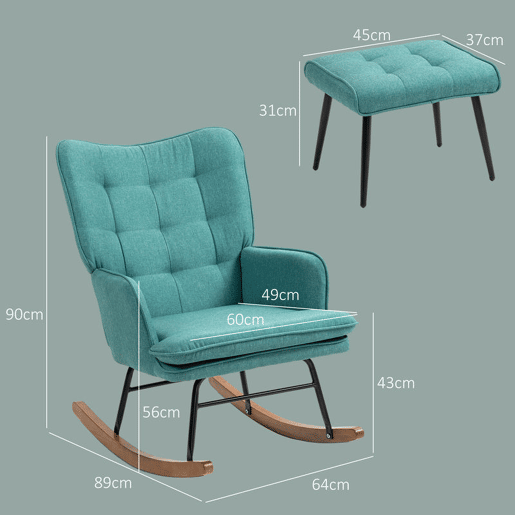 HOMCOM Conjunto de Poltrona Baloiço com Apoio para os Pés Poltrona Relax com Almofada Acolchoada e Anti-Tombo Carga 130 kg Sala de Estar Dormitório 64x89x90 cm Verde