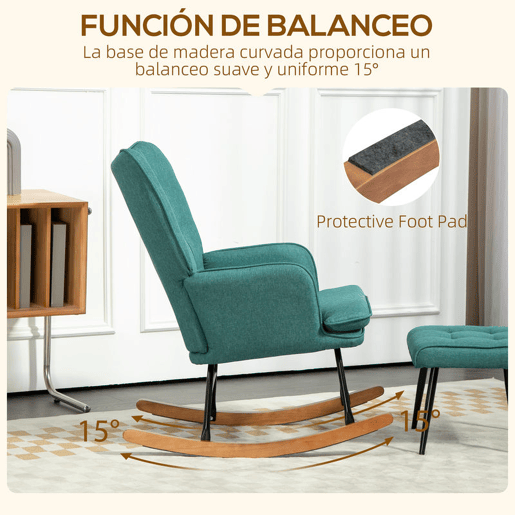 HOMCOM Conjunto de Poltrona Baloiço com Apoio para os Pés Poltrona Relax com Almofada Acolchoada e Anti-Tombo Carga 130 kg Sala de Estar Dormitório 64x89x90 cm Verde
