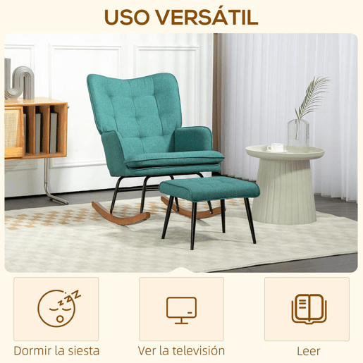 HOMCOM Conjunto de Poltrona Baloiço com Apoio para os Pés Poltrona Relax com Almofada Acolchoada e Anti-Tombo Carga 130 kg Sala de Estar Dormitório 64x89x90 cm Verde