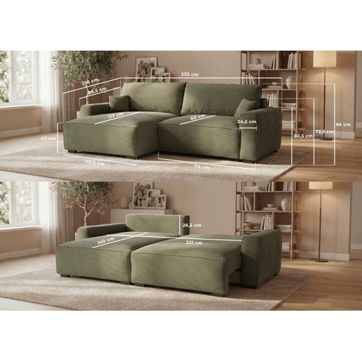 Sofá-Cama Chaise Longue BUDWING Lauren Verde Floresta - 4 Lugares - 269x158x96 cm