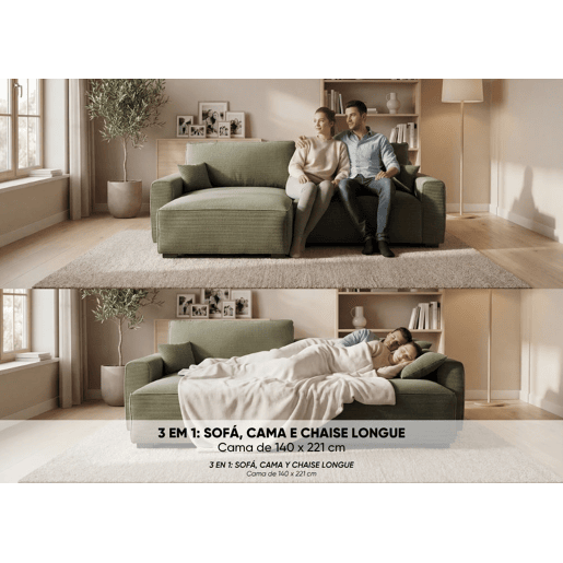 Sofá-Cama Chaise Longue BUDWING Lauren Verde Floresta - 4 Lugares - 269x158x96 cm