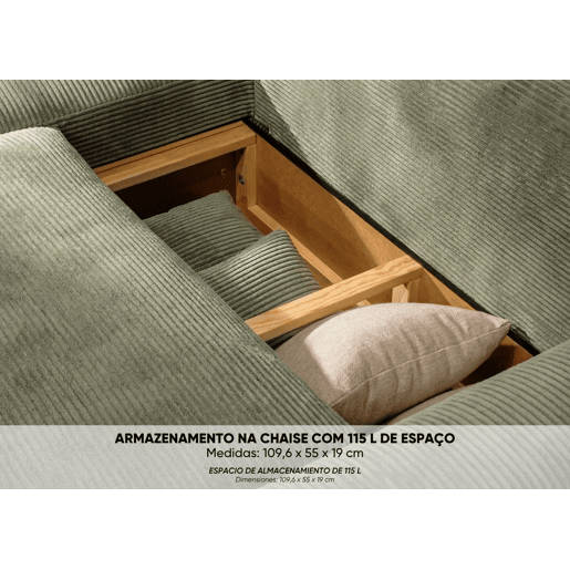 Sofá-Cama Chaise Longue BUDWING Lauren Verde Floresta - 4 Lugares - 269x158x96 cm