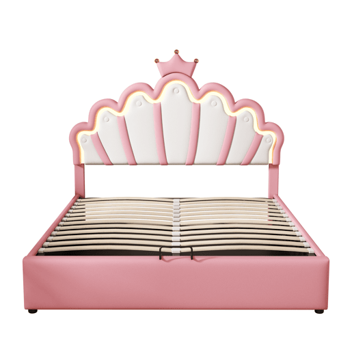 Cama contentora estofada em pele sintética 140x200 cm - cama princesa com LED e molduras no teto - Rosa Cama contentora estofada em pele sintética 140x200 cm - cama princesa com LED e molduras no teto - Rosa