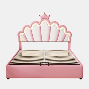 Cama contentora estofada em pele sintética 140x200 cm - cama princesa com LED e molduras no teto - Rosa
