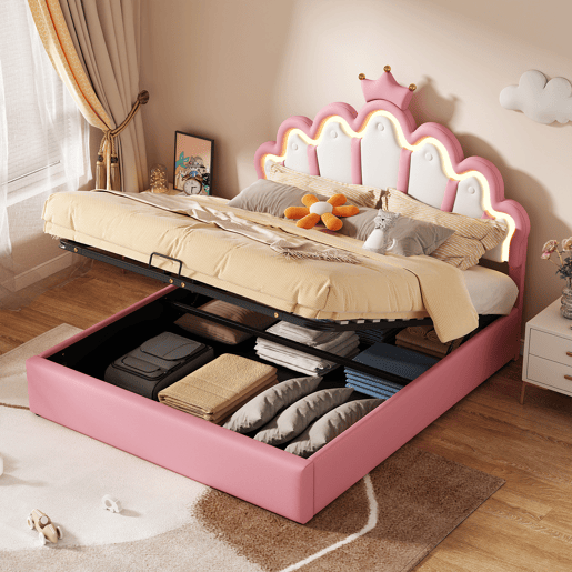 Cama contentora estofada em pele sintética 140x200 cm - cama princesa com LED e molduras no teto - Rosa Cama contentora estofada em pele sintética 140x200 cm - cama princesa com LED e molduras no teto - Rosa