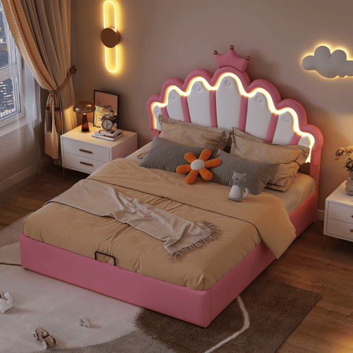 Cama contentora estofada em pele sintética 140x200 cm - cama princesa com LED e molduras no teto - Rosa Cama contentora estofada em pele sintética 140x200 cm - cama princesa com LED e molduras no teto - Rosa