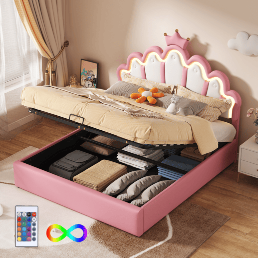 Cama contentora estofada em pele sintética 140x200 cm - cama princesa com LED e molduras no teto - Rosa Cama contentora estofada em pele sintética 140x200 cm - cama princesa com LED e molduras no teto - Rosa
