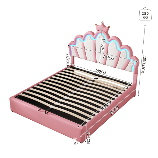 Cama contentora estofada em pele sintética 140x200 cm - cama princesa com LED e molduras no teto - Rosa Cama contentora estofada em pele sintética 140x200 cm - cama princesa com LED e molduras no teto - Rosa