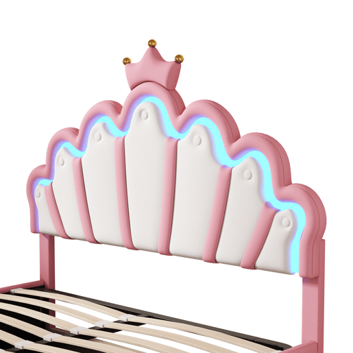 Cama contentora estofada em pele sintética 140x200 cm - cama princesa com LED e molduras no teto - Rosa Cama contentora estofada em pele sintética 140x200 cm - cama princesa com LED e molduras no teto - Rosa