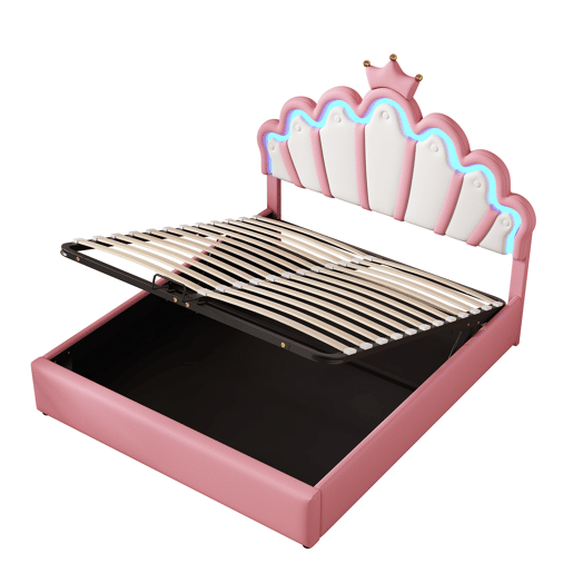 Cama contentora estofada em pele sintética 140x200 cm - cama princesa com LED e molduras no teto - Rosa Cama contentora estofada em pele sintética 140x200 cm - cama princesa com LED e molduras no teto - Rosa