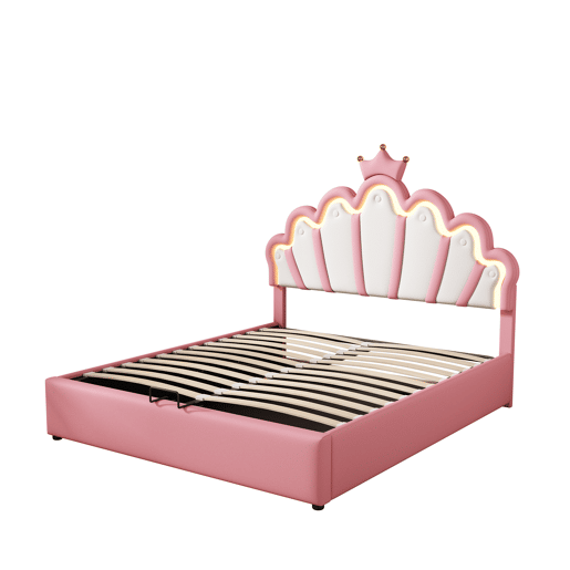 Cama contentora estofada em pele sintética 140x200 cm - cama princesa com LED e molduras no teto - Rosa Cama contentora estofada em pele sintética 140x200 cm - cama princesa com LED e molduras no teto - Rosa