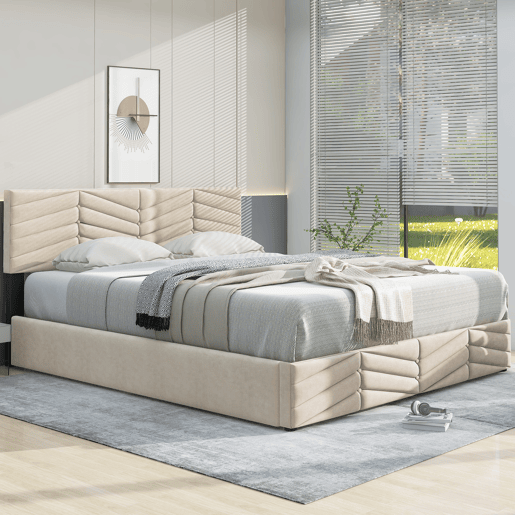 Cama de contentor em veludo com estrado de ripas + cabeceira regulável - 140x200cm - Bege