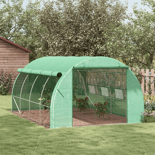 Outsunny Estufa de Túnel de Jardim 397x300x200 cm com Porta Lateriais e Janelas Enroláveis Cobertura de PE 140gm² e Metal Galvanizado para Cultivos de Plantas Verduras Verde