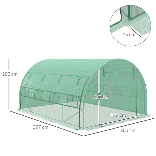Outsunny Estufa de Túnel de Jardim 397x300x200 cm com Porta Lateriais e Janelas Enroláveis Cobertura de PE 140gm² e Metal Galvanizado para Cultivos de Plantas Verduras Verde
