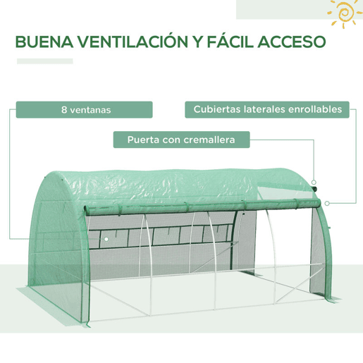 Outsunny Estufa de Túnel de Jardim 397x300x200 cm com Porta Lateriais e Janelas Enroláveis Cobertura de PE 140gm² e Metal Galvanizado para Cultivos de Plantas Verduras Verde