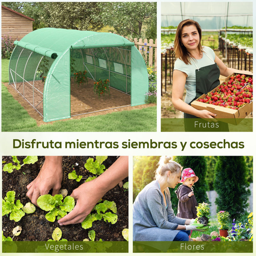 Outsunny Estufa de Túnel de Jardim 397x300x200 cm com Porta Lateriais e Janelas Enroláveis Cobertura de PE 140gm² e Metal Galvanizado para Cultivos de Plantas Verduras Verde